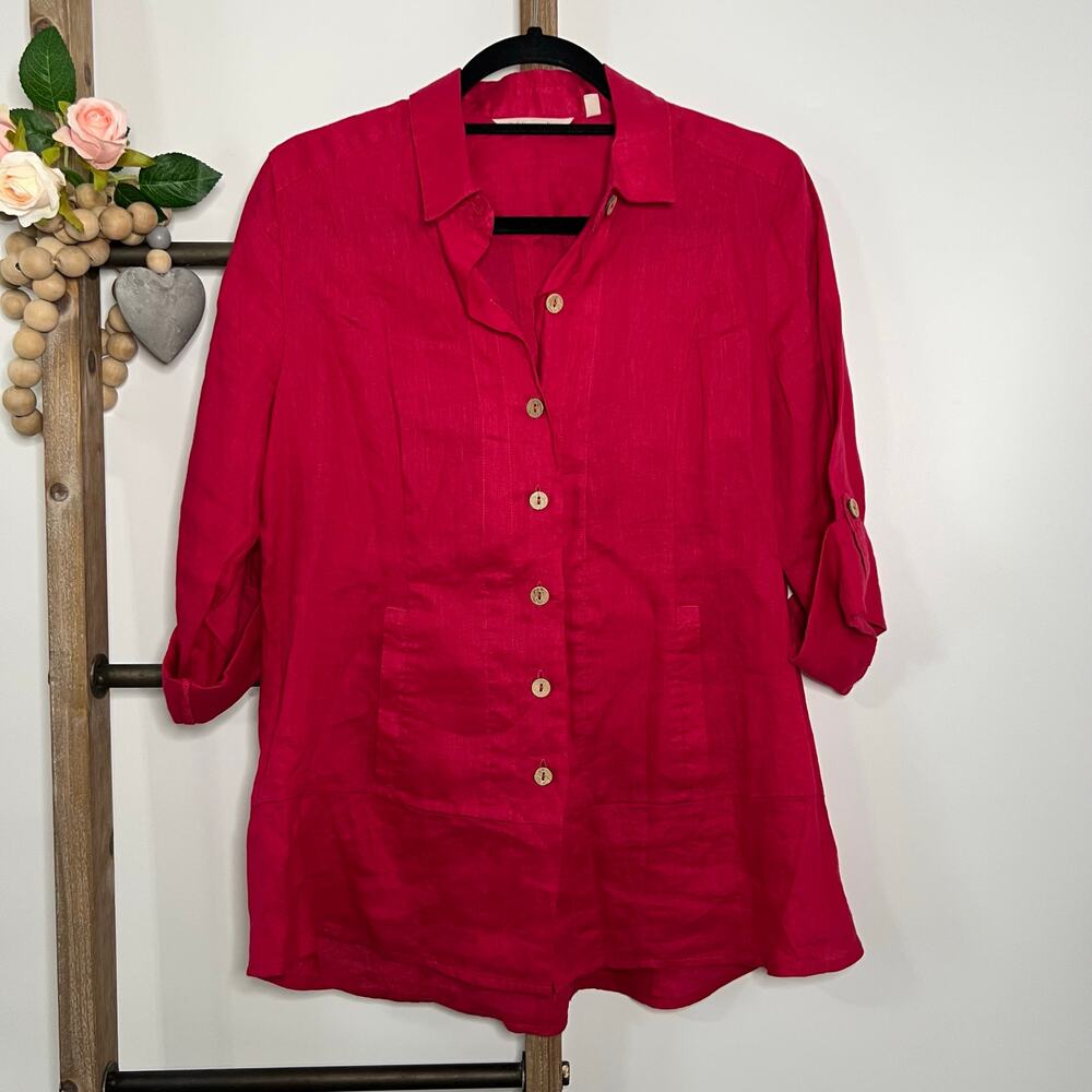 Soft‎ Surroundings 3/4 Sleeve Linen Button Up Blouse Size Petite Small